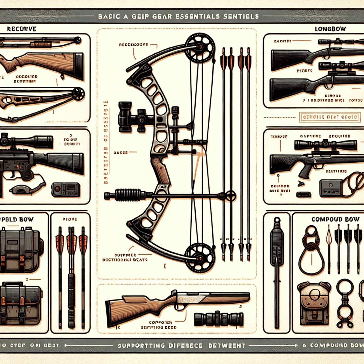 A digital art representation of a recurve bow, longbow, and compound bow, symbolizing various styles of bows.