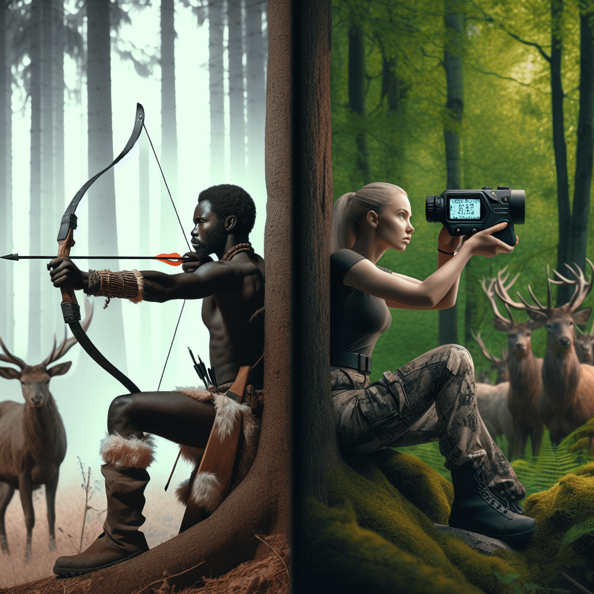 A digital art of a modern compound bow and a traditional longbow side by side, symbolizing the debate between traditional and modern hunting techniques.