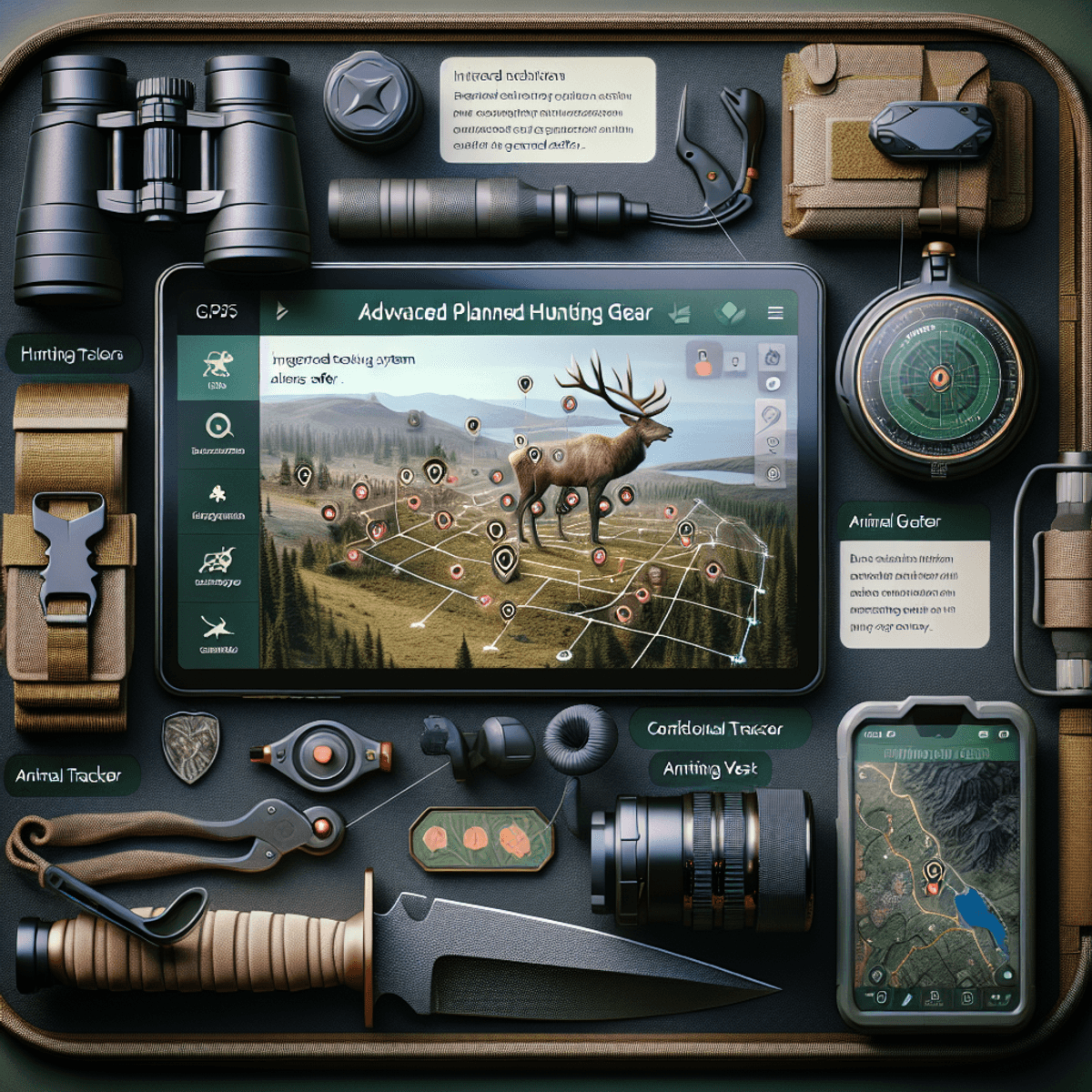 A digital art representation of a compass and binoculars, symbolizing the use of GPS tracking systems for hunting gear.