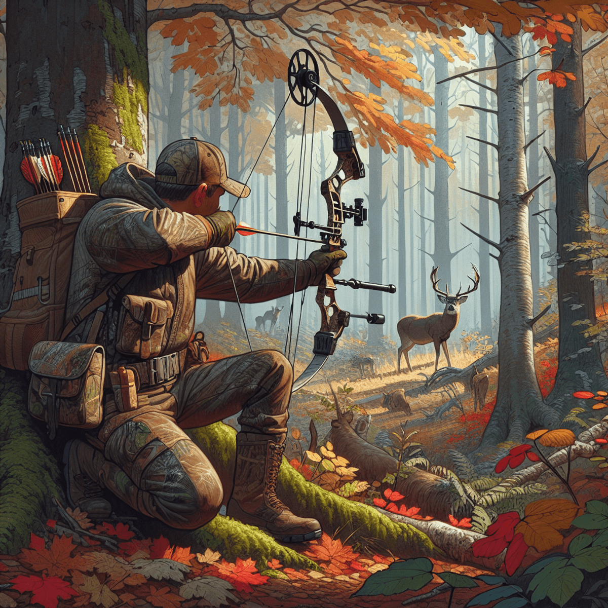 A digital art of a bow and arrow with a clock face, symbolizing timing in bow hunting.