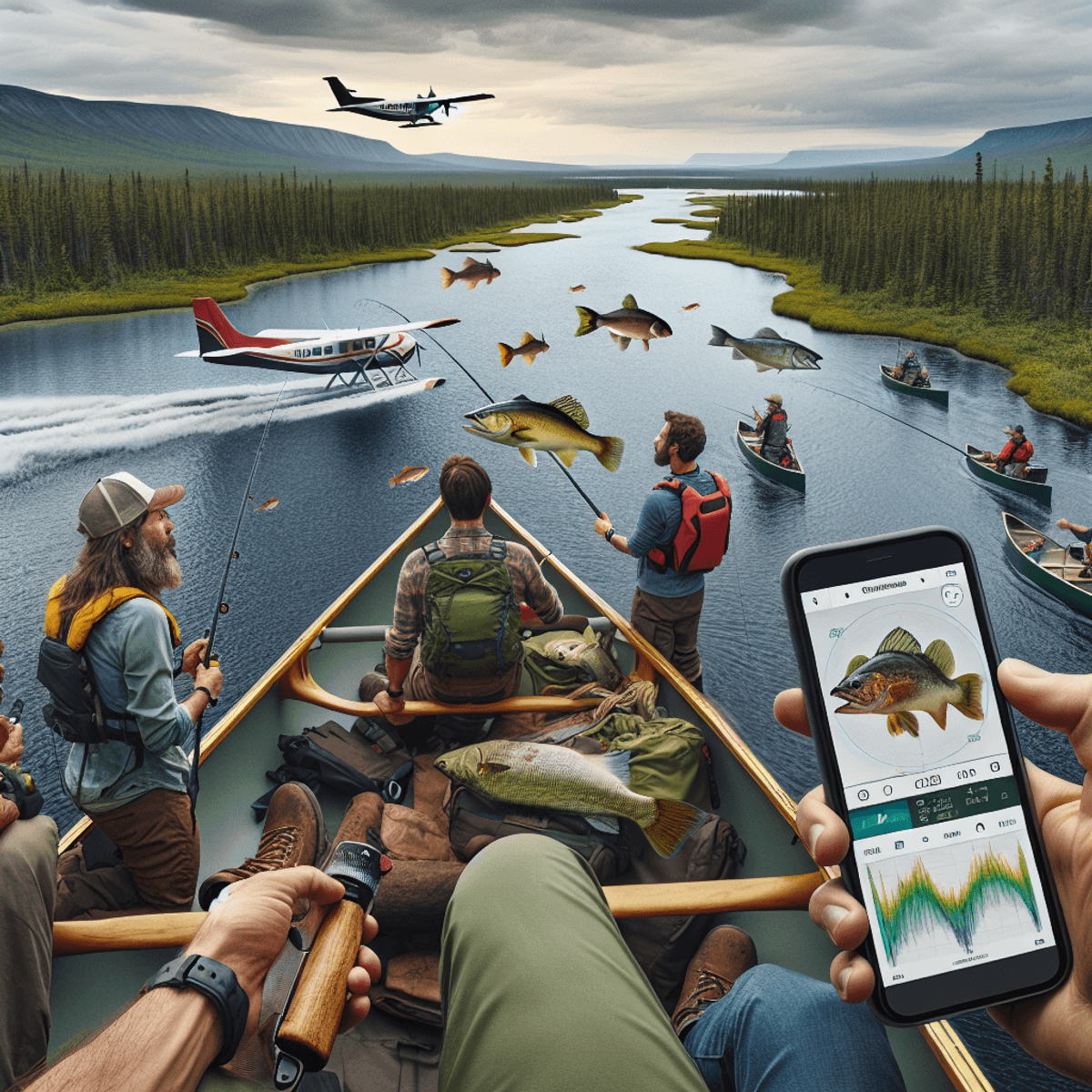 A digital art of a fishing rod and a fish against a scenic Canadian landscape, symbolizing fly-in fishing trips.