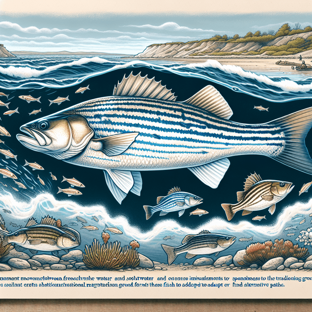 A digital art representation of a striped bass swimming between freshwater and saltwater, showcasing its unique migration patterns.