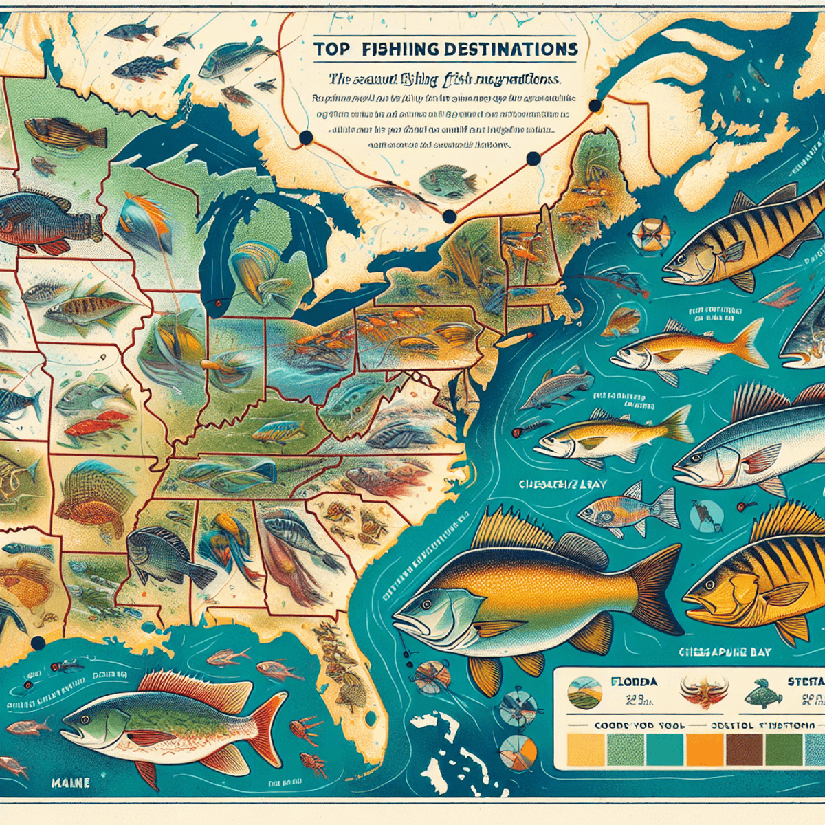 A digital art illustration of a fishing rod and fish in a vibrant style, symbolizing the best fishing locations for seasonal migrations.