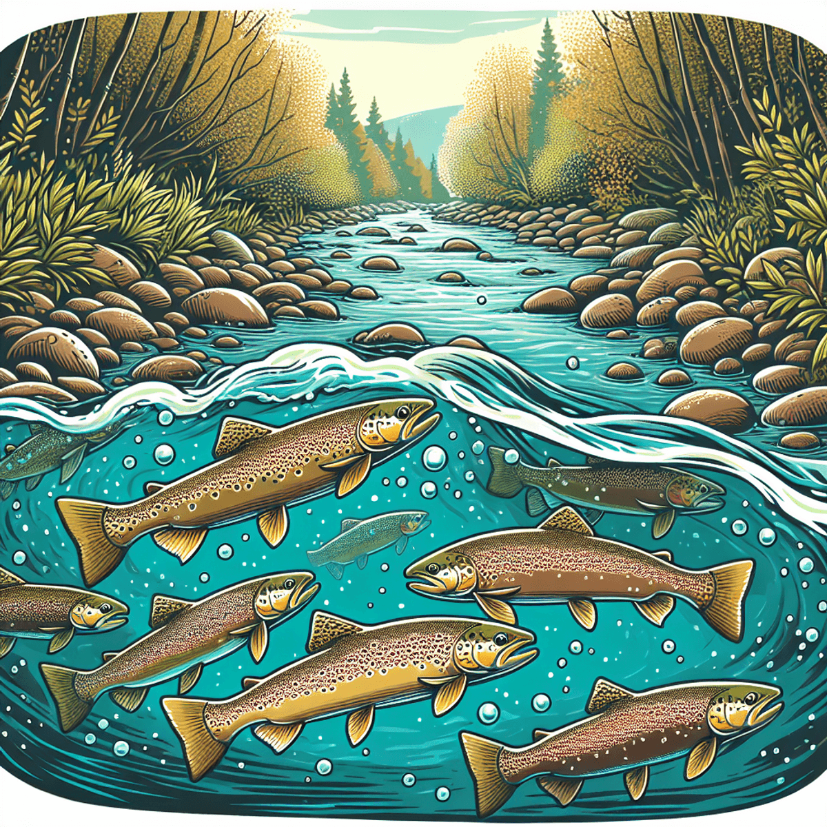 A digital art illustration of a brown trout swimming in a river, with vibrant colors and realistic details.