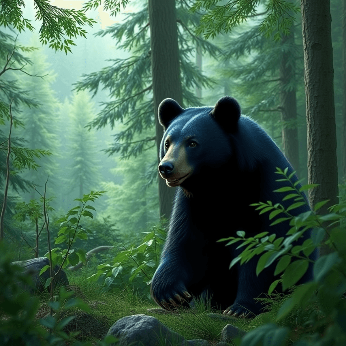 A black bear stands amidst lush greenery in a serene forest, highlighting the beauty of wildlife and the importance of conservation.