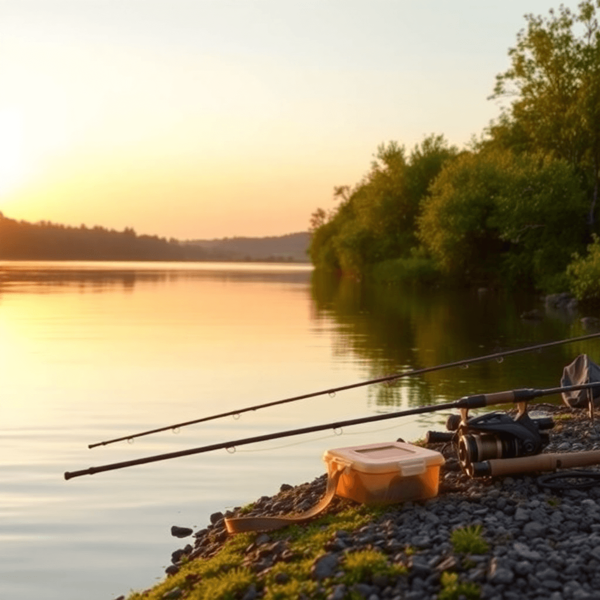 A tranquil Ontario river at sunrise, with calm waters reflecting light, lush greenery, and neatly arranged fishing rods and tackle boxes on the riverbank.