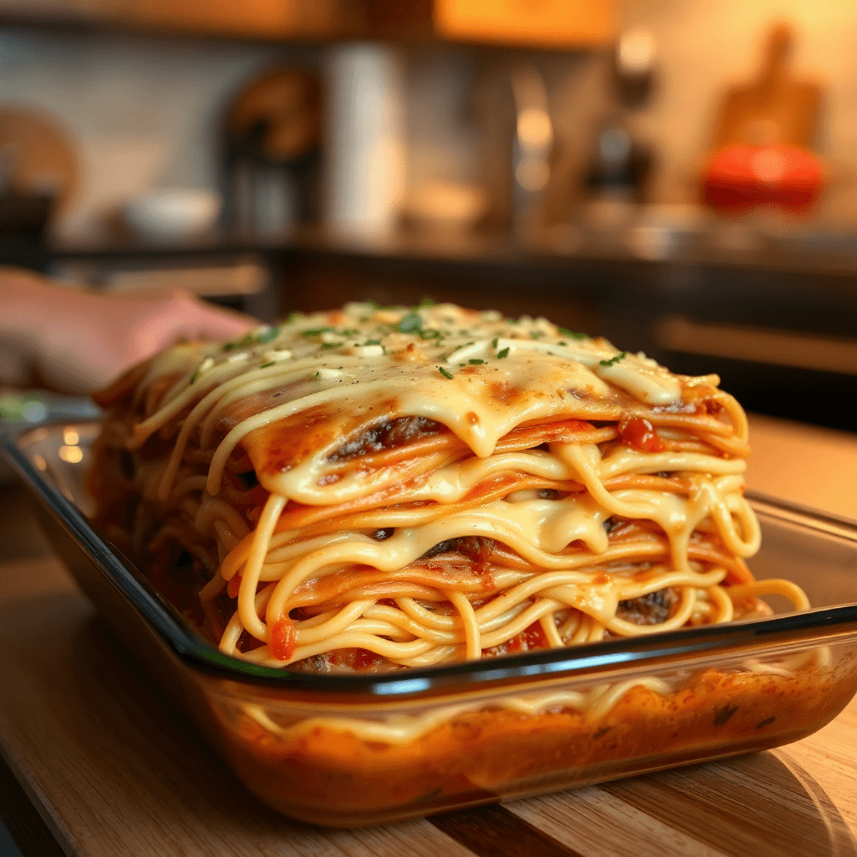 A baked dish of layered spaghetti topped with melted cheese, set in a cozy kitchen with warm lighting, exuding comfort and home-cooked goodness.