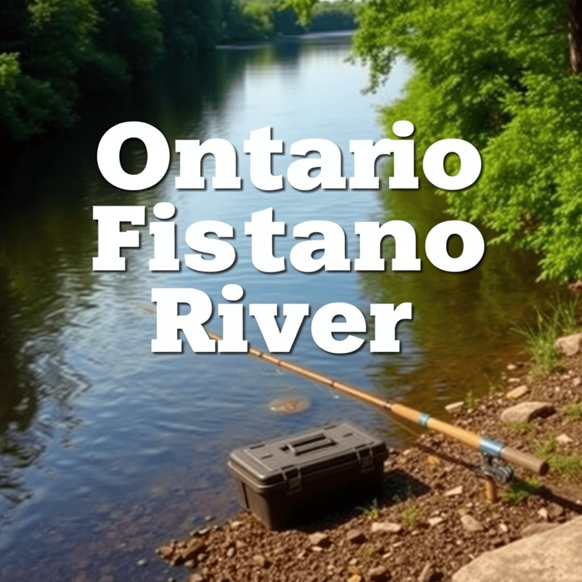 A tranquil Ontario river scene with a fishing rod and tackle box on the riverbank, surrounded by lush greenery reflecting a peaceful connection to nature.