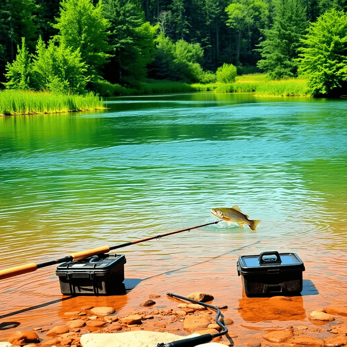 A peaceful view of the Saugeen River with clear waters, lush greenery, fishing rods, tackle boxes on the bank, and fish jumping, capturing tranquility and adventure.