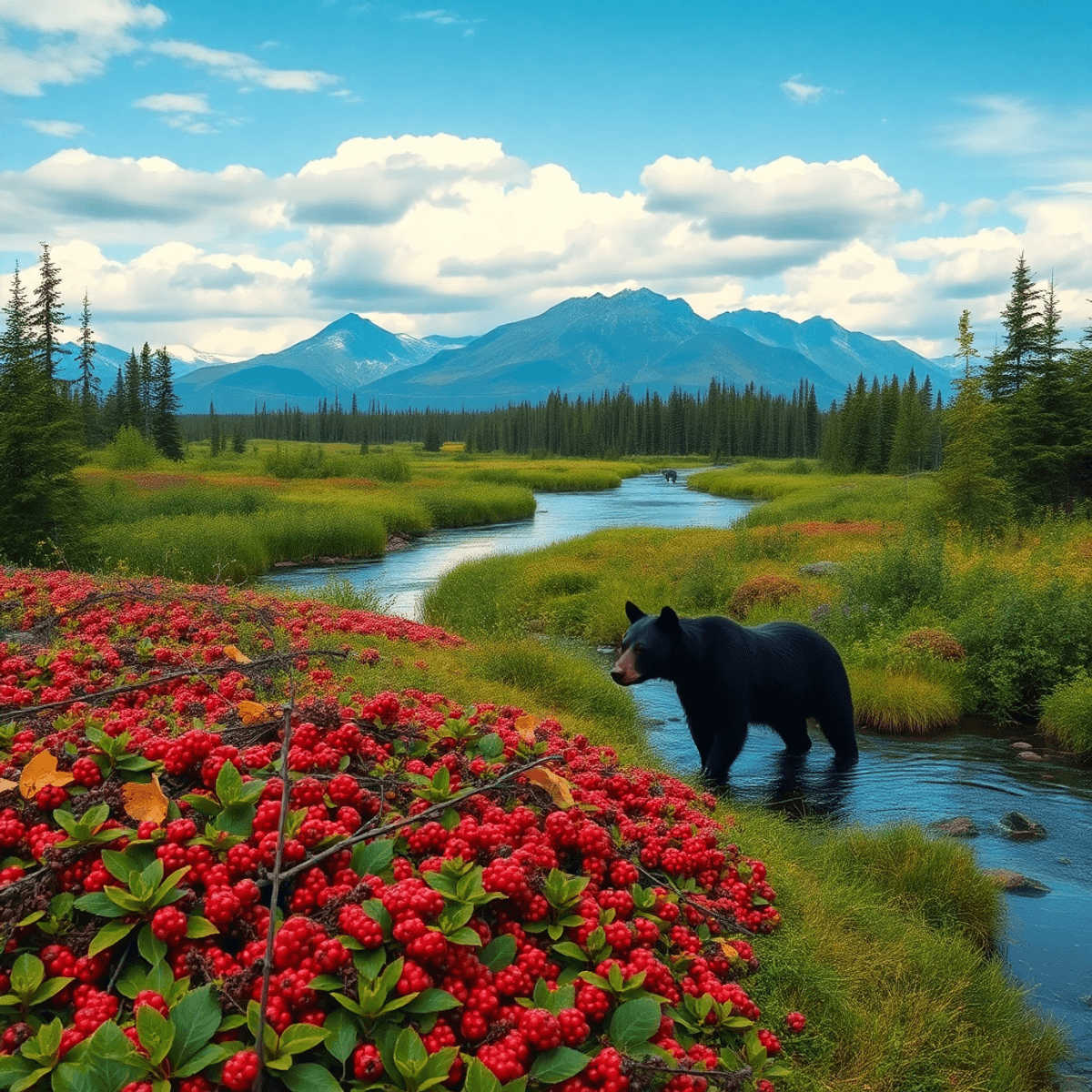 A picturesque landscape of the Kenai Peninsula in Alaska, showcasing lush berry patches, a calm fishing stream, and black bears in the background, embodying nature's beauty.