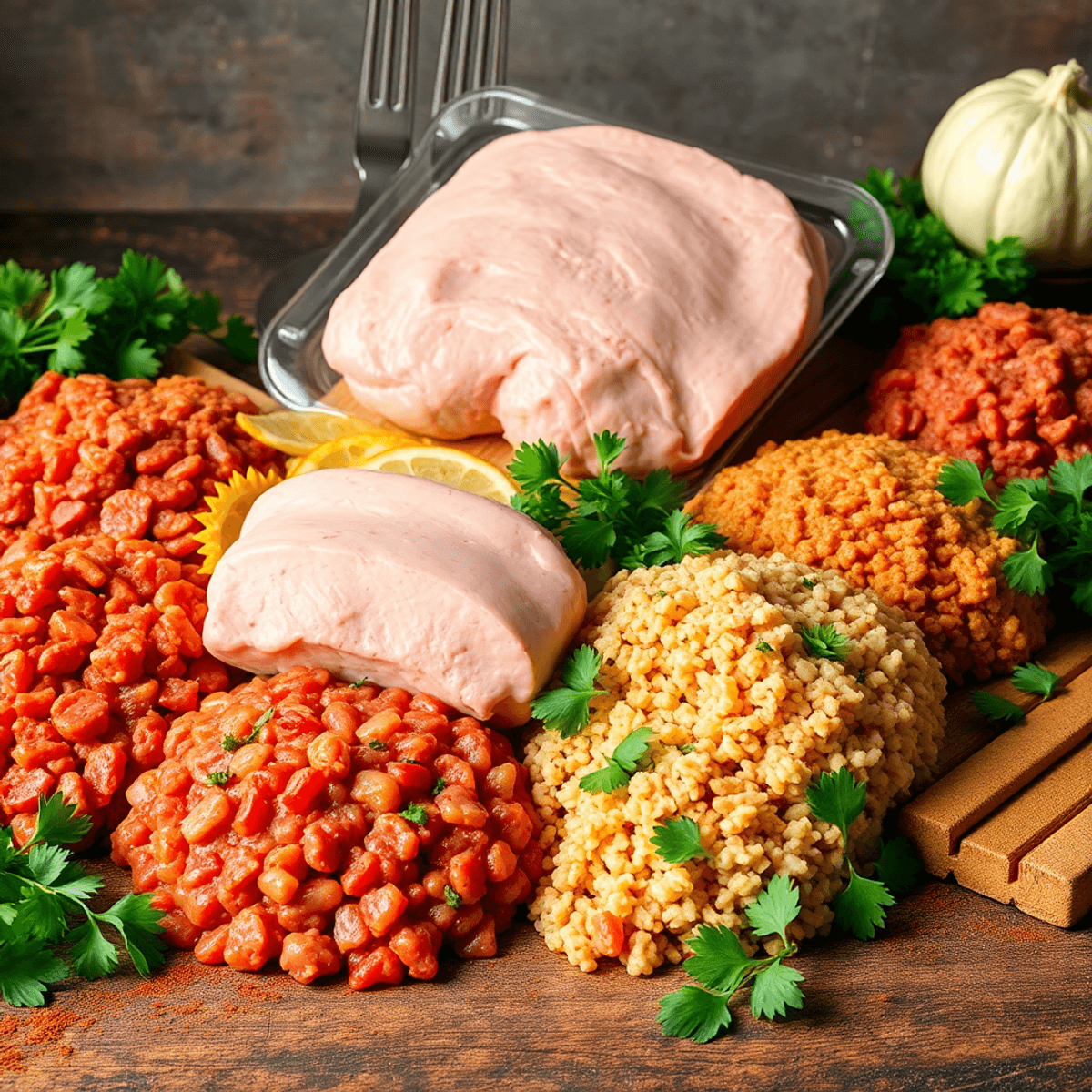 A colorful assortment of ground meat alternatives, including beef and turkey, set in a rustic environment with fresh herbs and spices, highlighting healthy cooking.