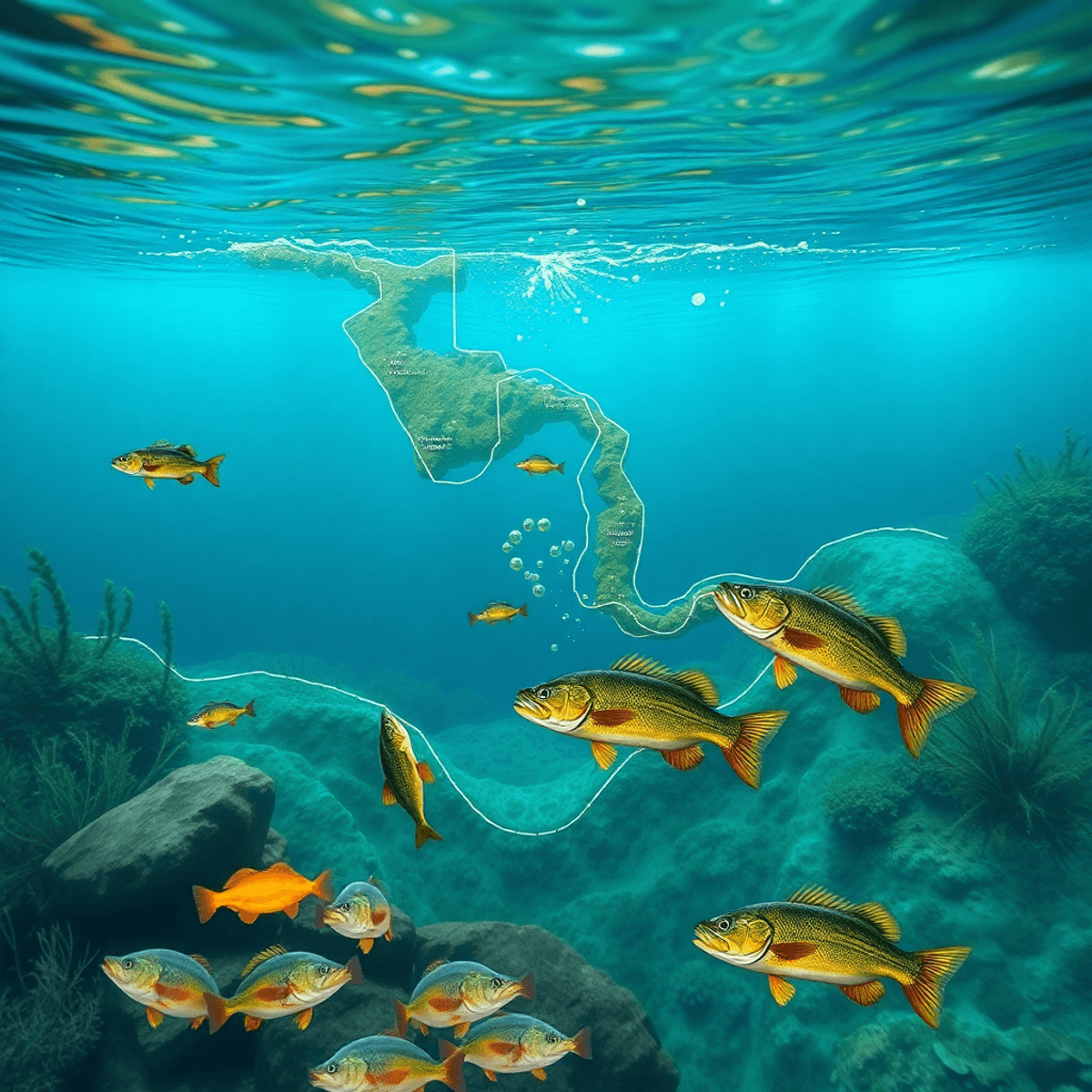 A detailed underwater map of a lake showing drop-offs and fish habitats, with bass swimming near rocks and vegetation in clear blue water.