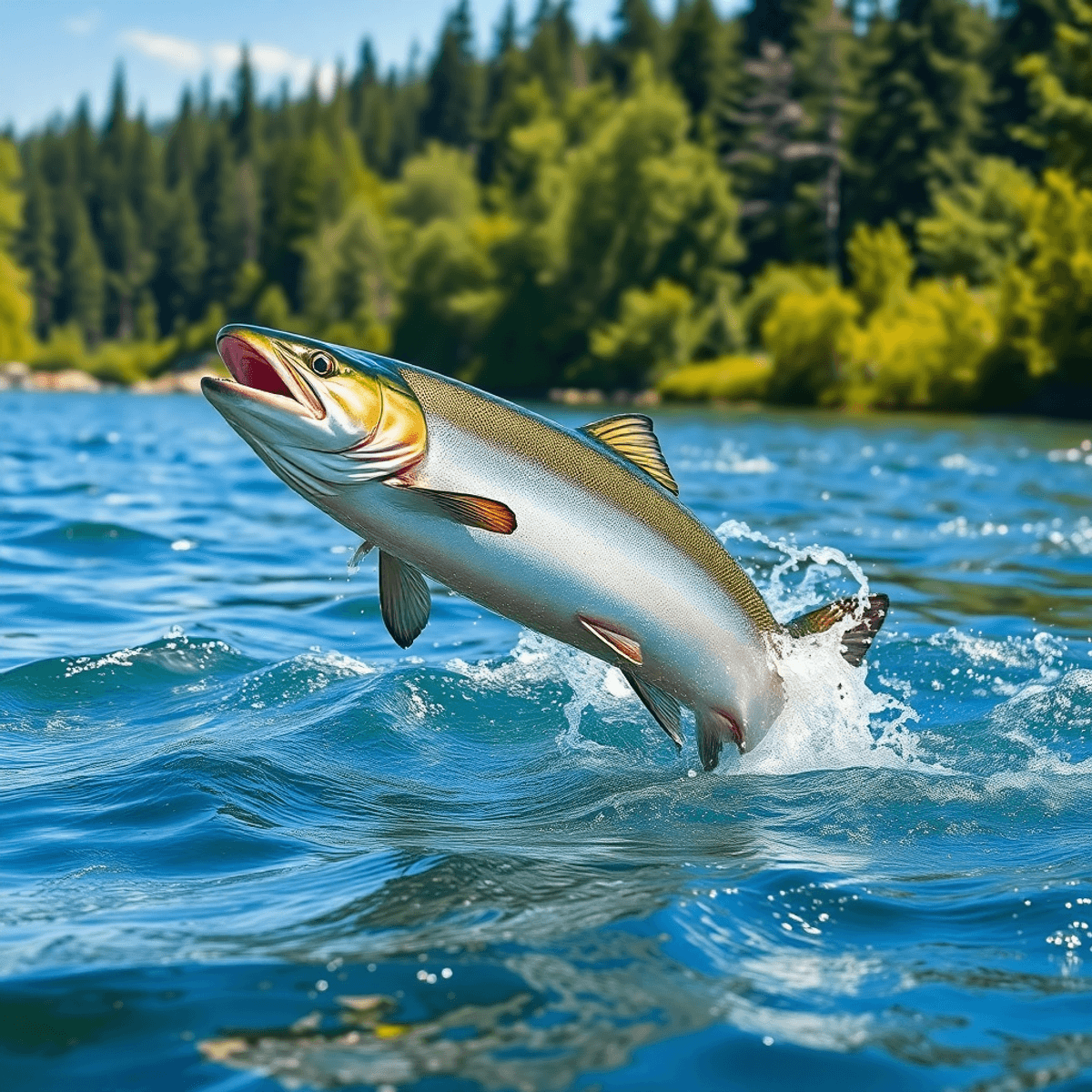 A salmon leaps out of clear blue water, surrounded by lush greenery along a riverbank, with sunlight glistening on the water's surface in a vibrant summer scene.