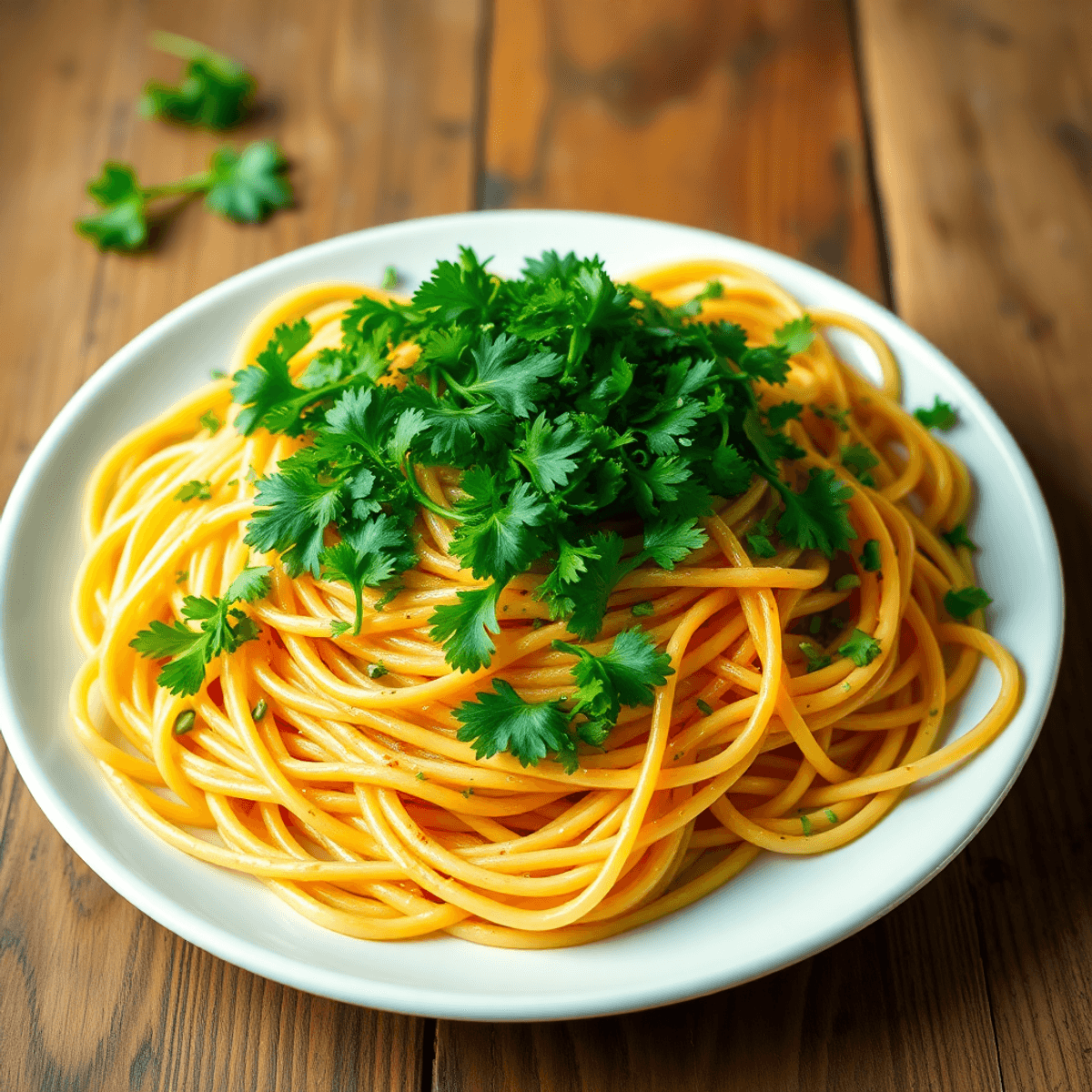 A vibrant plate   topped with fresh green parsley, set on a rustic wooden table, highlighting the colorful herbs against the rich pasta.