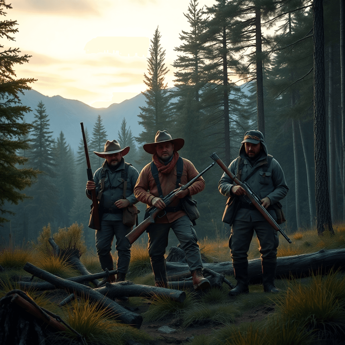 A serene forest at dawn with three hunters preparing their gear, surrounded by trees and mountains, highlighting teamwork and the spirit of adventure.