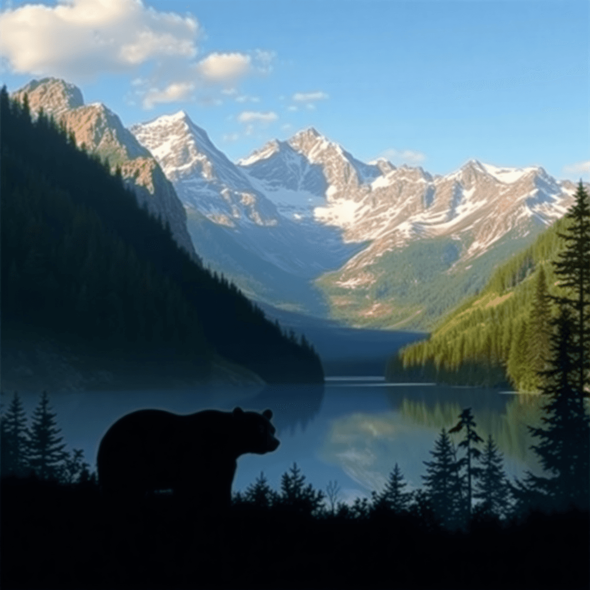 A tranquil Alaskan wilderness scene with lush forests and majestic mountains, featuring a silhouette of a black bear in the foreground.