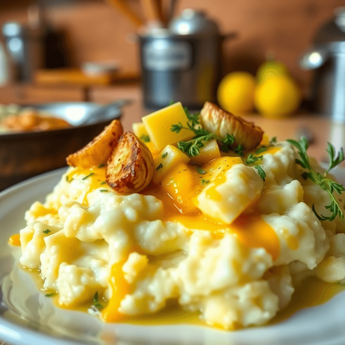 A plate of creamy mashed potatoes topped with melted cheddar cheese, roasted garlic cloves, and fresh herbs, set in a cozy kitchen.