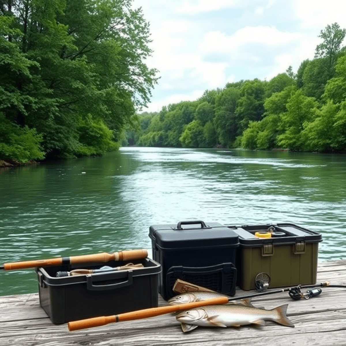 A peaceful Ontario river scene with lush greenery, fishing rods and tackle boxes nearby, showcasing the excitement of fishing for steelhead and trout.