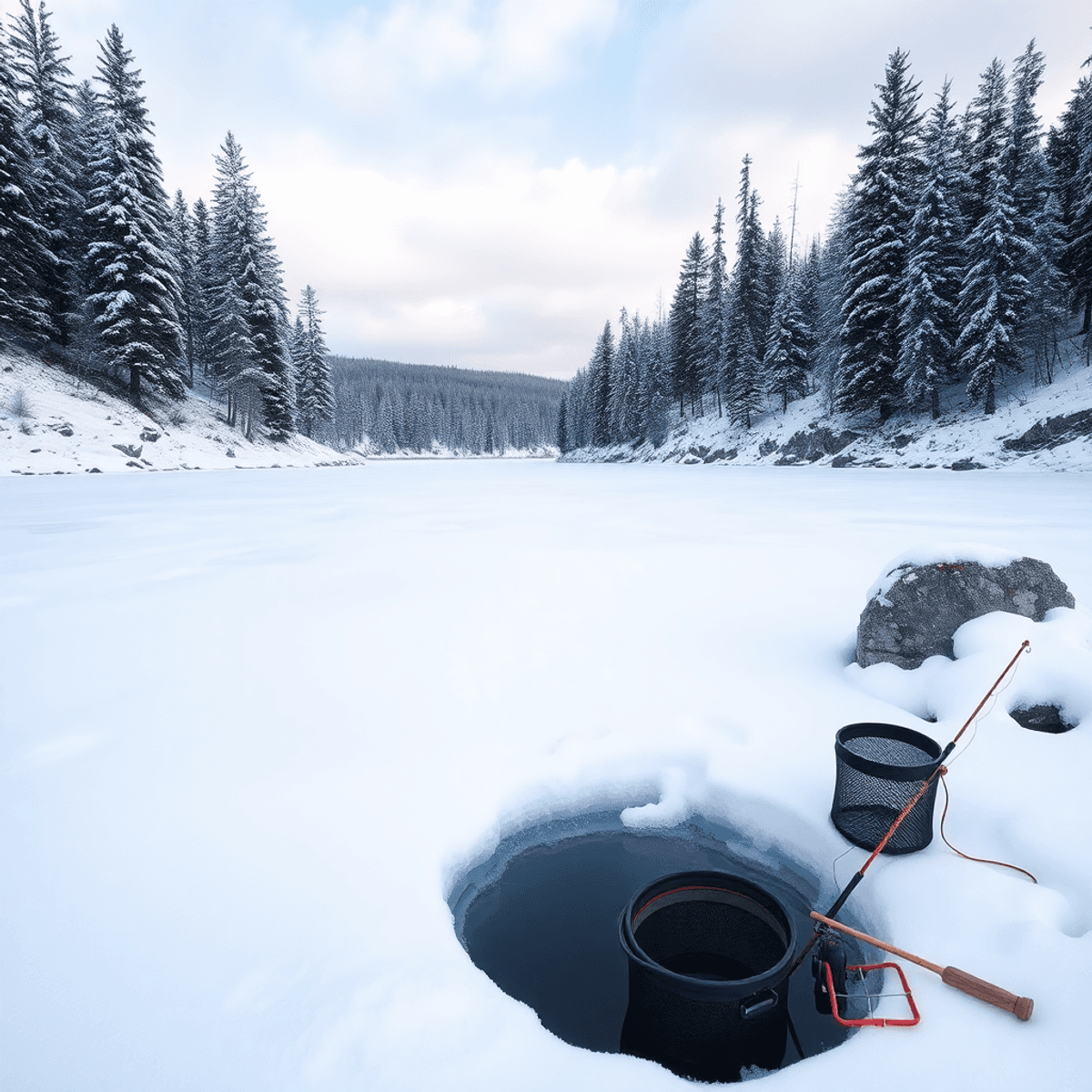 A serene winter landscape of Lake Temagami, featuring a frozen, snow-covered surface, snow-dusted pine trees, rocky shores, and a fishing hole with ice fishing gear.