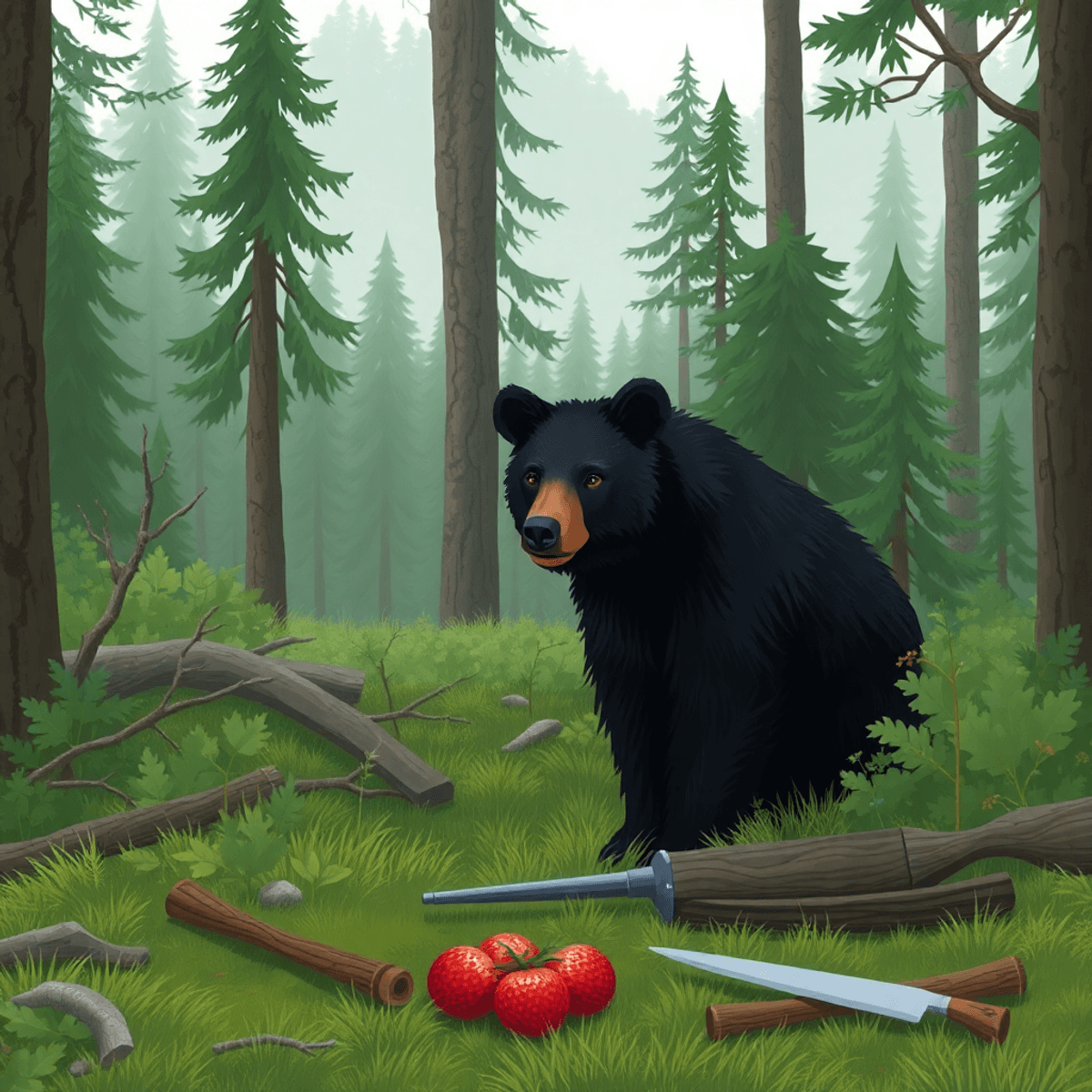 A black bear in a lush forest, surrounded by greenery, with neatly arranged hunting gear nearby and cooking utensils, symbolizing respect for nature and adventure.