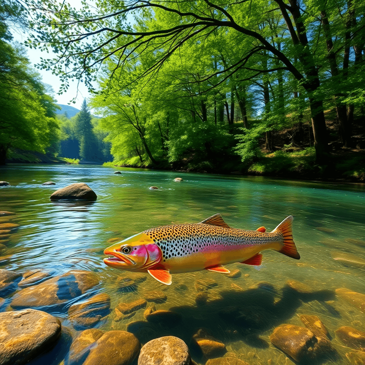 A tranquil river scene with clear waters and lush trees, depicting the natural habitat of brook trout, filled with vibrant colors and a serene atmosphere.