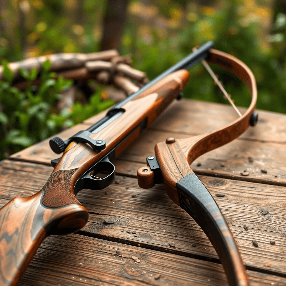 A close-up of a crafted rifle and traditional bow on a rustic wooden table, surrounded by nature, highlighting the contrast between modern and traditional hunting methods.