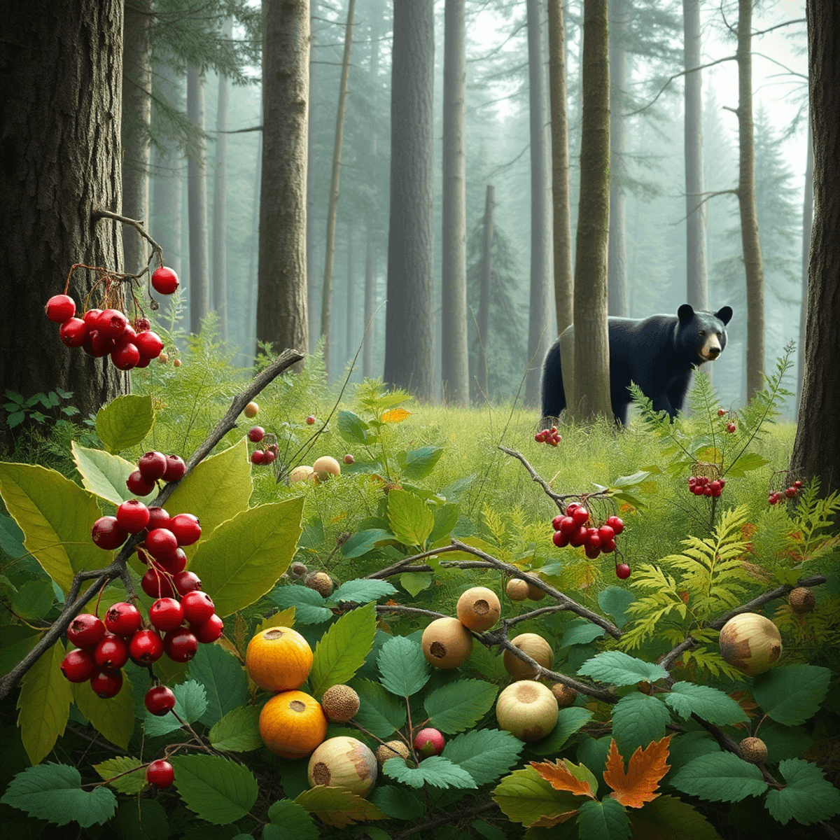 A tranquil forest scene filled with berries, nuts, and lush vegetation, featuring a faint silhouette of a black bear in the background.