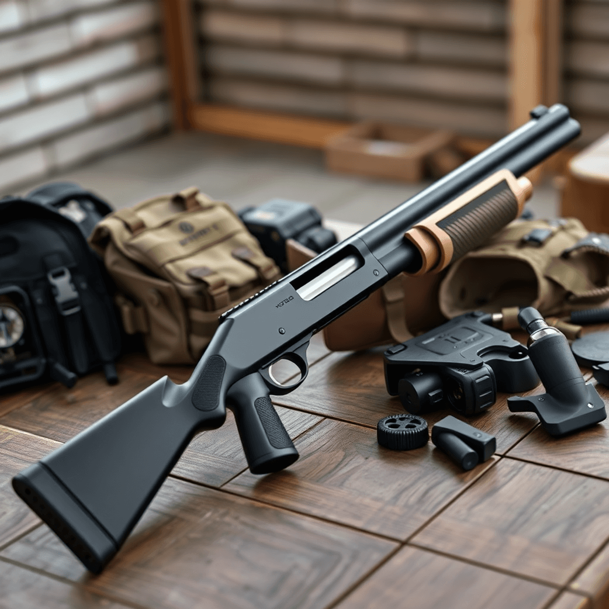 A modern shotgun on a wooden table, surrounded by tactical gear, with a blurred outdoor background, highlighting readiness for action.