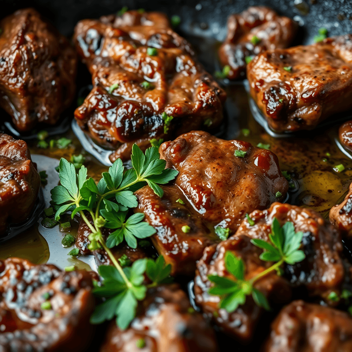 A close-up of a sizzling skillet filled with browned venison pieces, garnished with fresh herbs and a drizzle of olive oil, showcasing rich colors and textures. venison spaghetti sauce