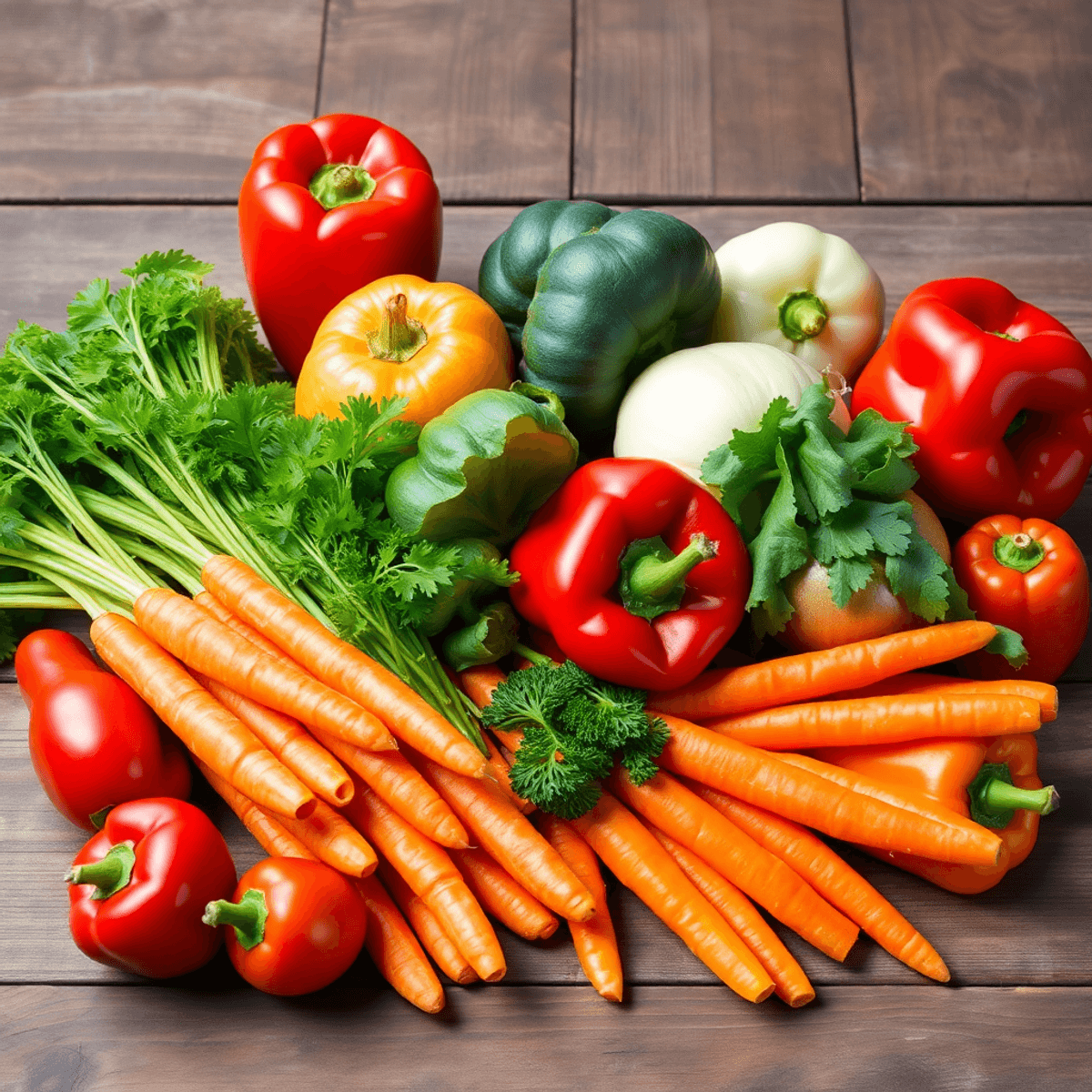 A colorful arrangement of fresh vegetables, including orange carrots and red bell peppers, displayed on a rustic wooden table, highlighting freshness and flavor.