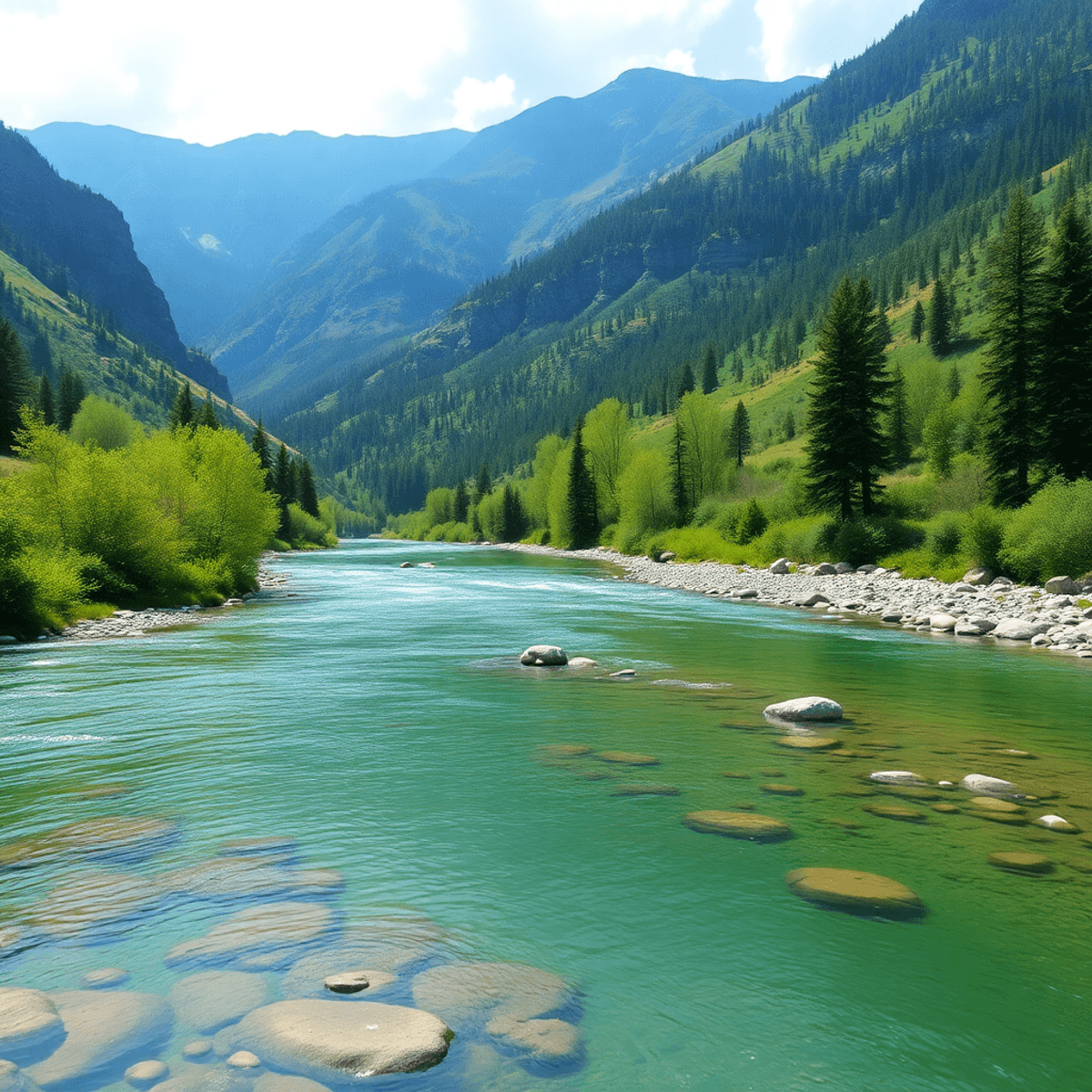 A tranquil landscape of the Upper Grand River with clear waters, lush greenery, slow-moving pools, and fast riffles, showcasing ideal fly fishing conditions.