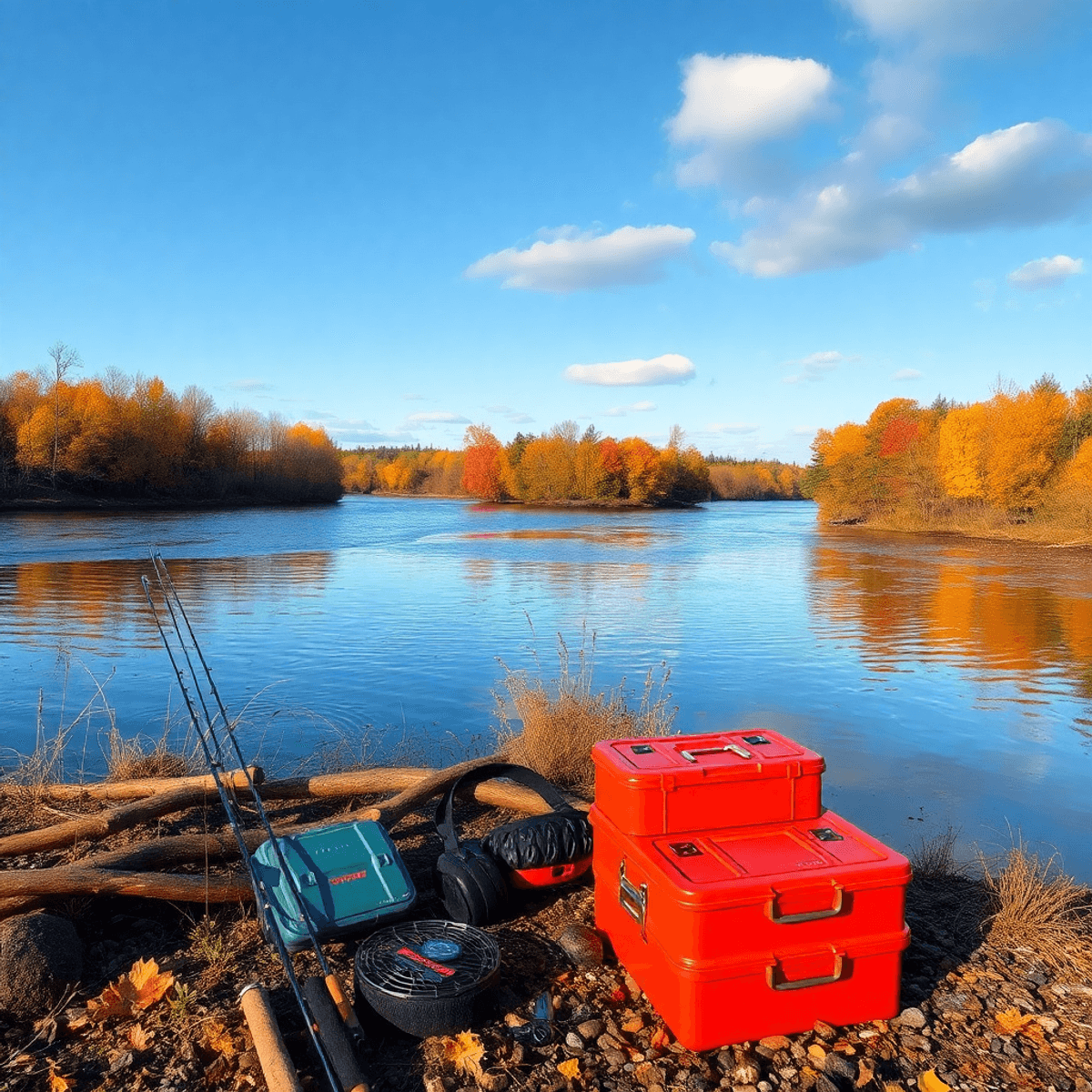 A tranquil Ontario river scene in autumn, with colorful foliage reflected in the water, fishing gear nearby, embodying the beauty of nature and conservation.