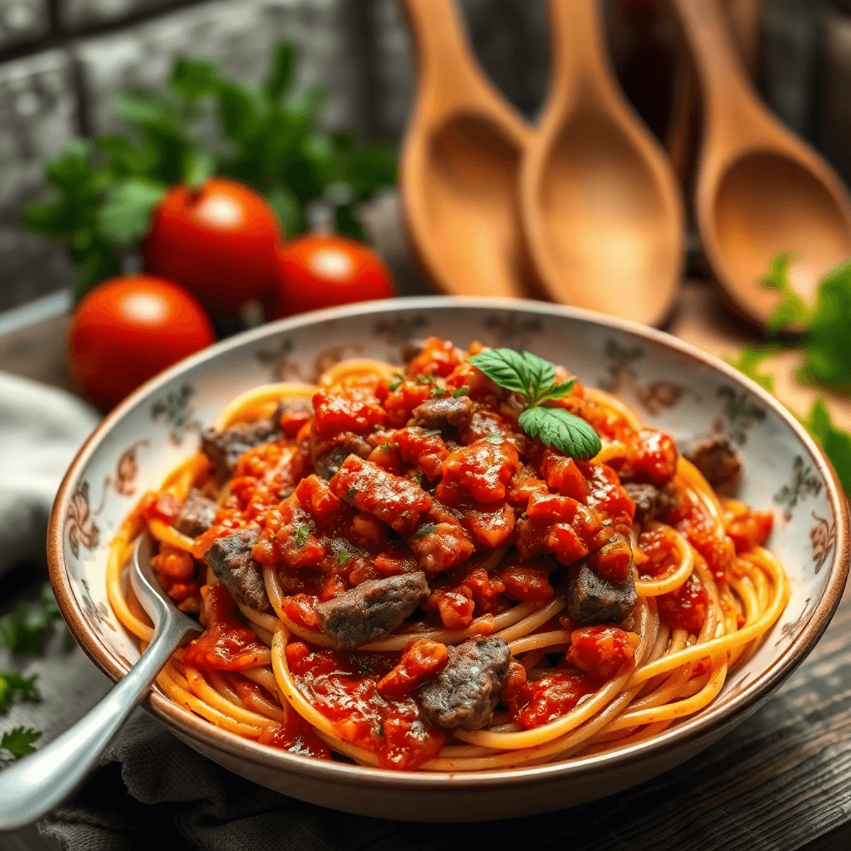 A rustic kitchen with a bowl of venison spaghetti in vibrant tomato sauce, garnished with herbs, surrounded by wooden utensils in a cozy atmosphere.