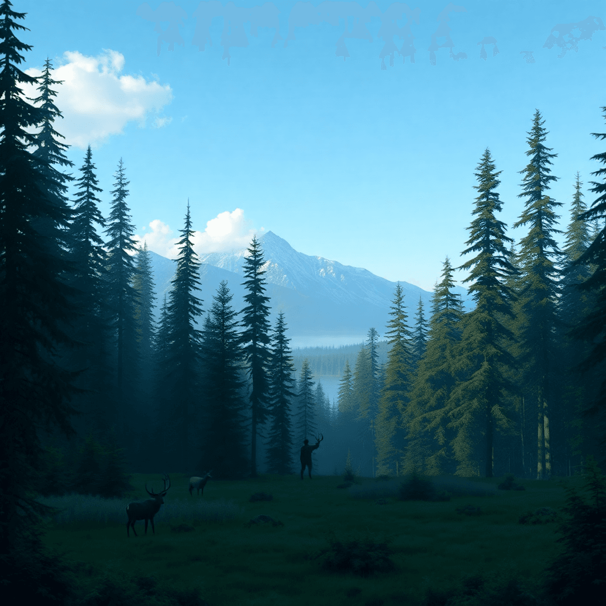 A serene forest landscape in Southeast Alaska with tall trees and diverse wildlife, featuring a distant silhouette of a hunter, evoking tranquility and adventure. hunting fishing & Homesteading