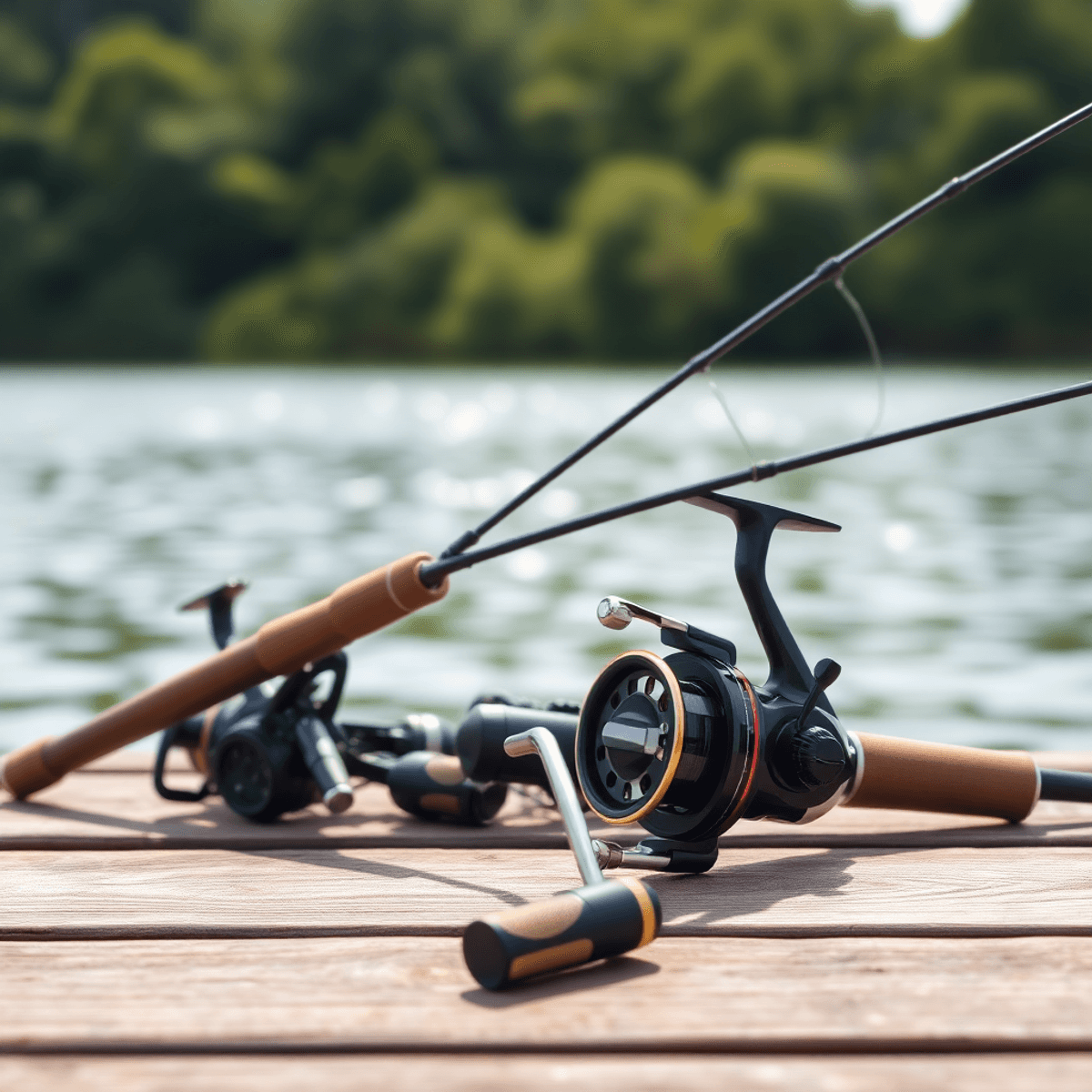 A fishing rod and reel resting on a wooden dock, surrounded by serene lake waters and lush greenery, with sunlight reflecting off the calm surface.