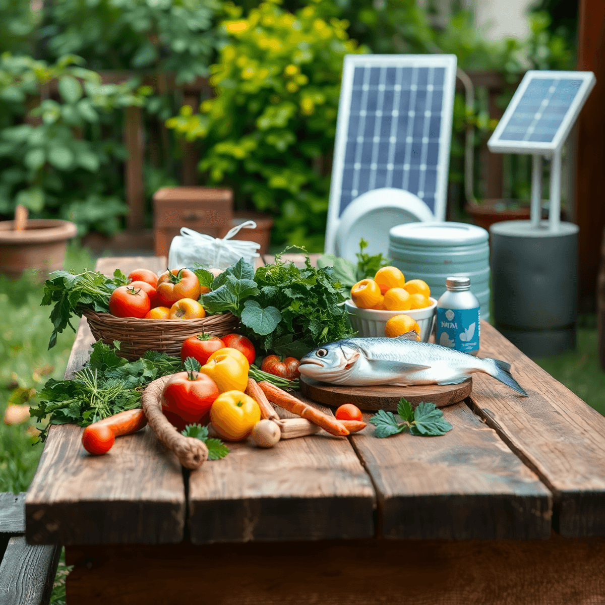 A rustic wooden table outdoors displays fresh vegetables, fruits, and a fish, surrounded by greenery, with a small solar panel and rainwater collection system in the background.