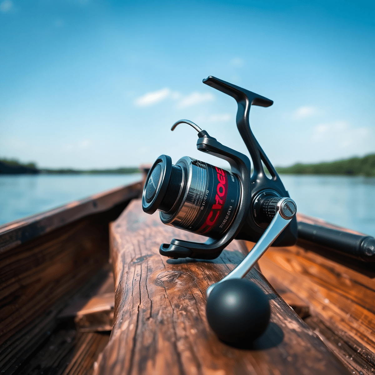  Orra S spinning reel on a rustic wooden fishing boat, with a tranquil lake in the background, showcasing its sleek design and adventurous spirit.