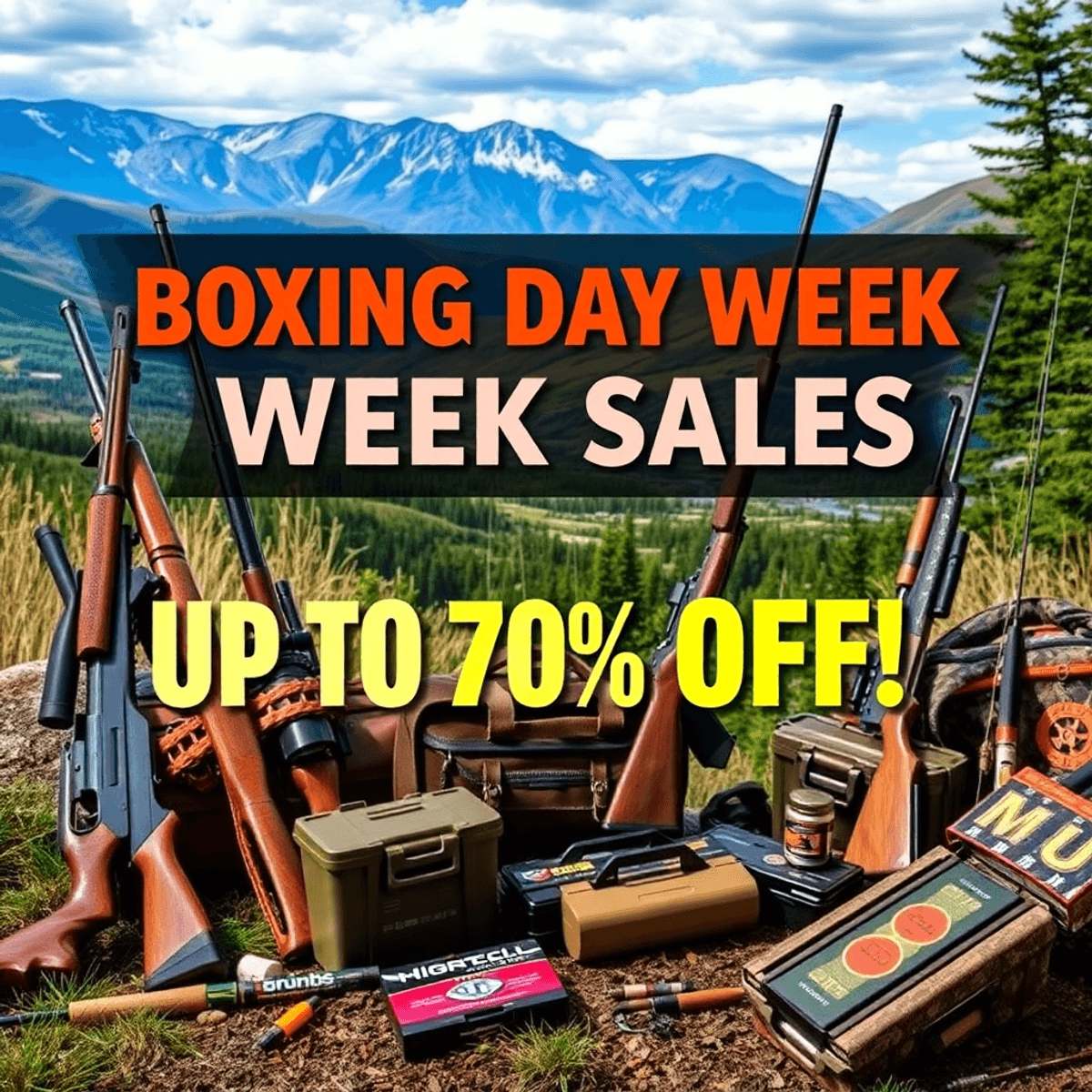 A colorful outdoor display of hunting and fishing gear, featuring rifles and fishing rods, with a stunning natural backdrop and bold text promoting Boxing Day Week Sales.