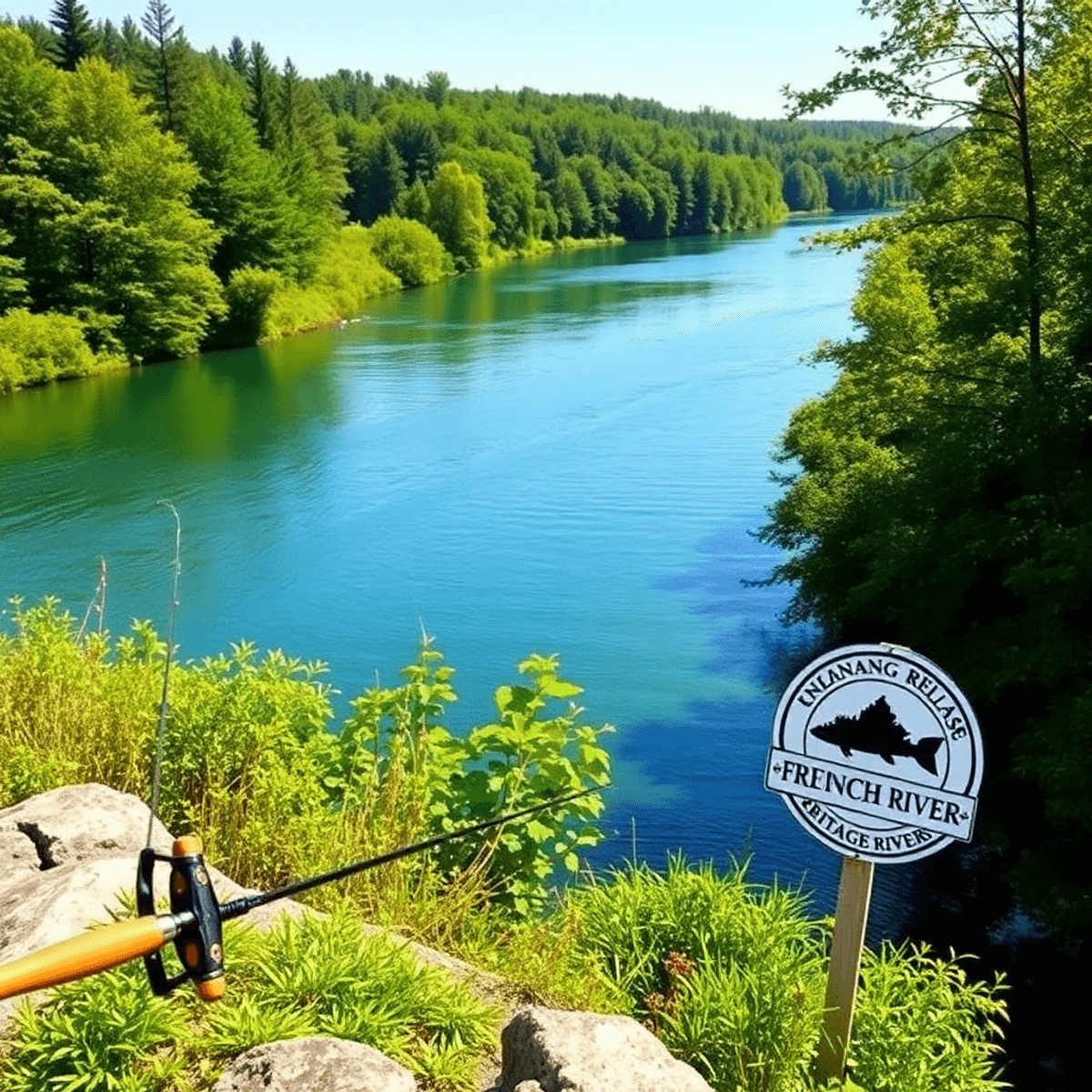 A tranquil scene of the French River with lush greenery, clear blue water, a fishing rod, and a catch-and-release sign, highlighting conservation and historical significance. Fishing Destinations