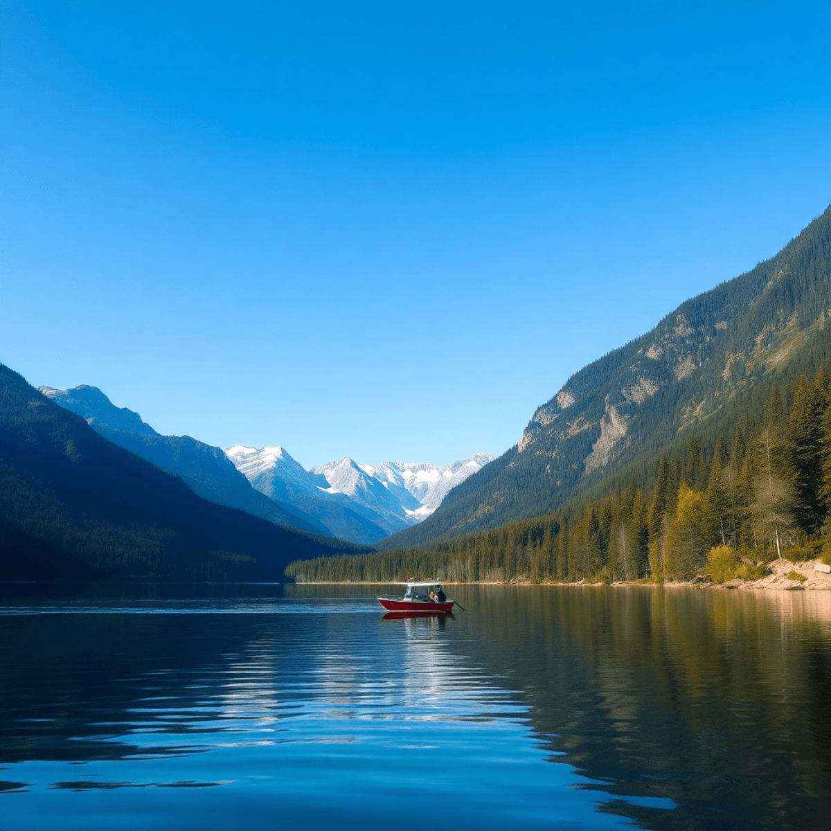 Fishing Destinations.  A tranquil Canadian lake surrounded by lush forests and mountains, with a lone boat gliding on the water under clear blue skies.