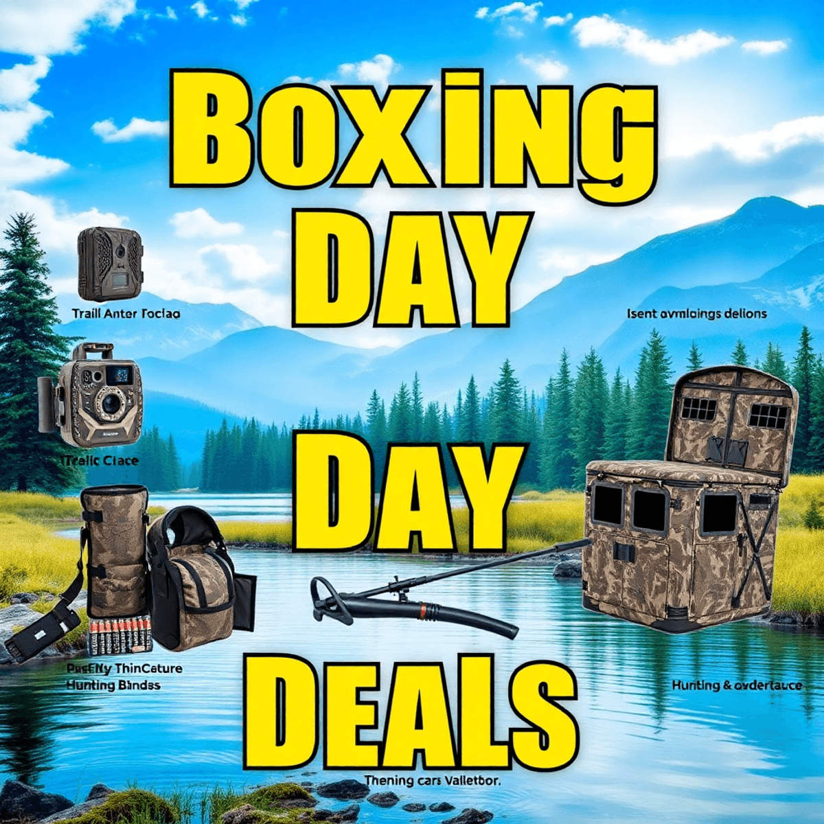 A colorful display of hunting and fishing gear with trail cameras, scent control items, and ammunition storage against a scenic outdoor backdrop, featuring "Boxing Day Deals" text.