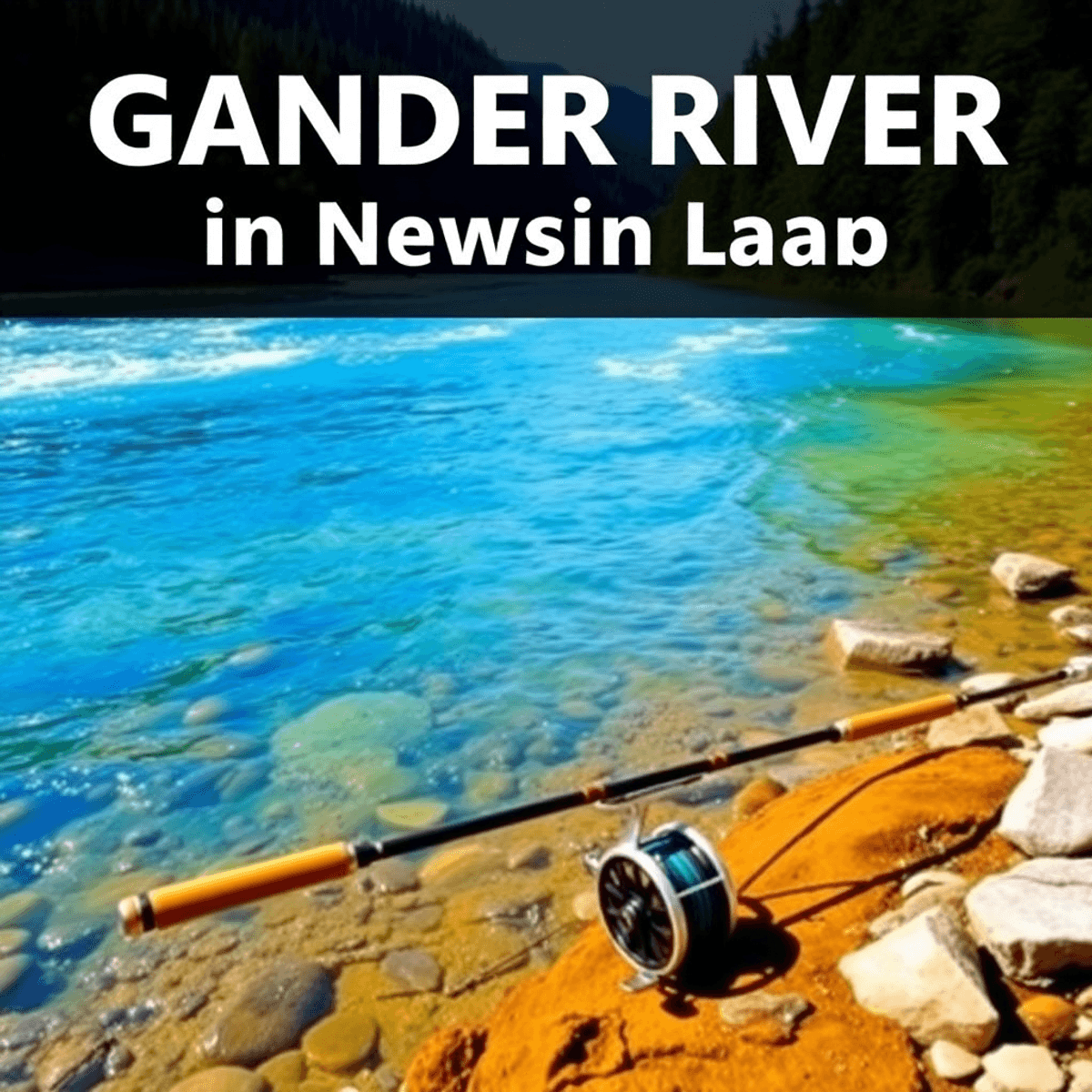 A tranquil Gander River scene in Newfoundland, featuring clear blue waters and lush greenery, with a fly-fishing rod and reel resting on the riverbank.  Fishing Destinations