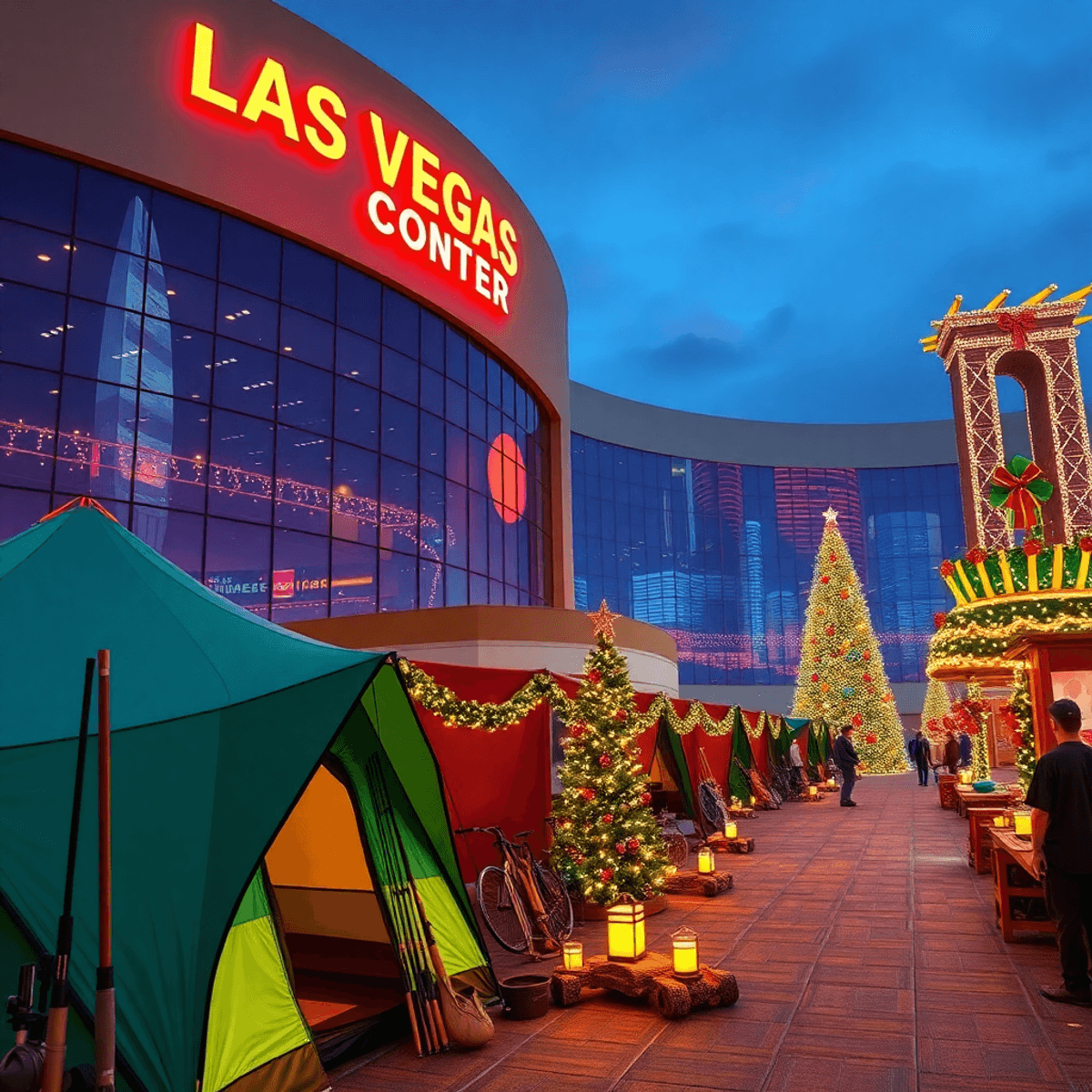 A festive Las Vegas Convention Center adorned with Christmas lights, showcasing outdoor gear like tents and fishing rods, capturing a joyful holiday spirit.