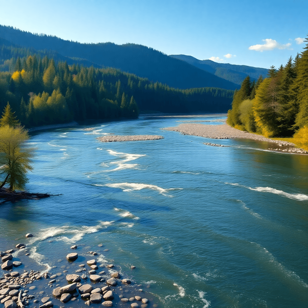 Fishing Destinations.  A tranquil scene of the Cowichan River, featuring peaceful fishing spots, lush green trees, and gentle water currents under a serene sky.