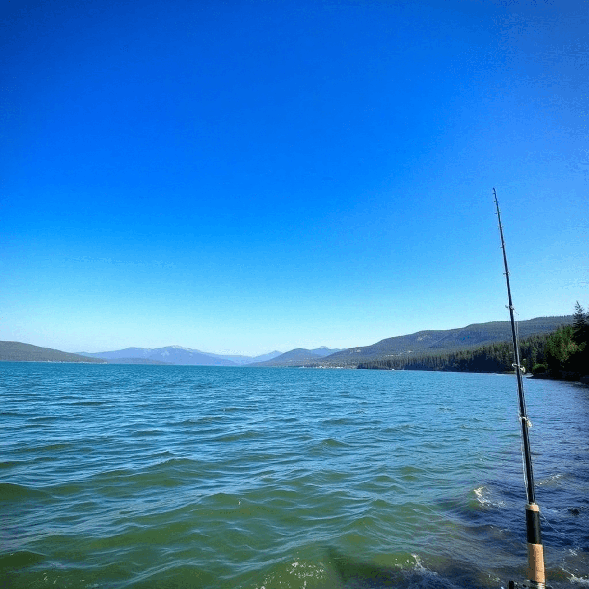 Fishing Destinations.  A tranquil view of Last Mountain Lake with vast waters, a clear blue sky, gentle waves, and lush greenery, featuring a fishing rod at the water's edge.