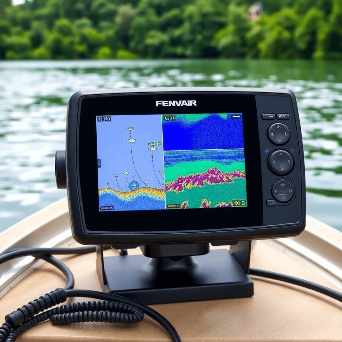 A modern fish finder on a boat displays clear underwater images of fish and structures, set against a serene lake surrounded by lush greenery.