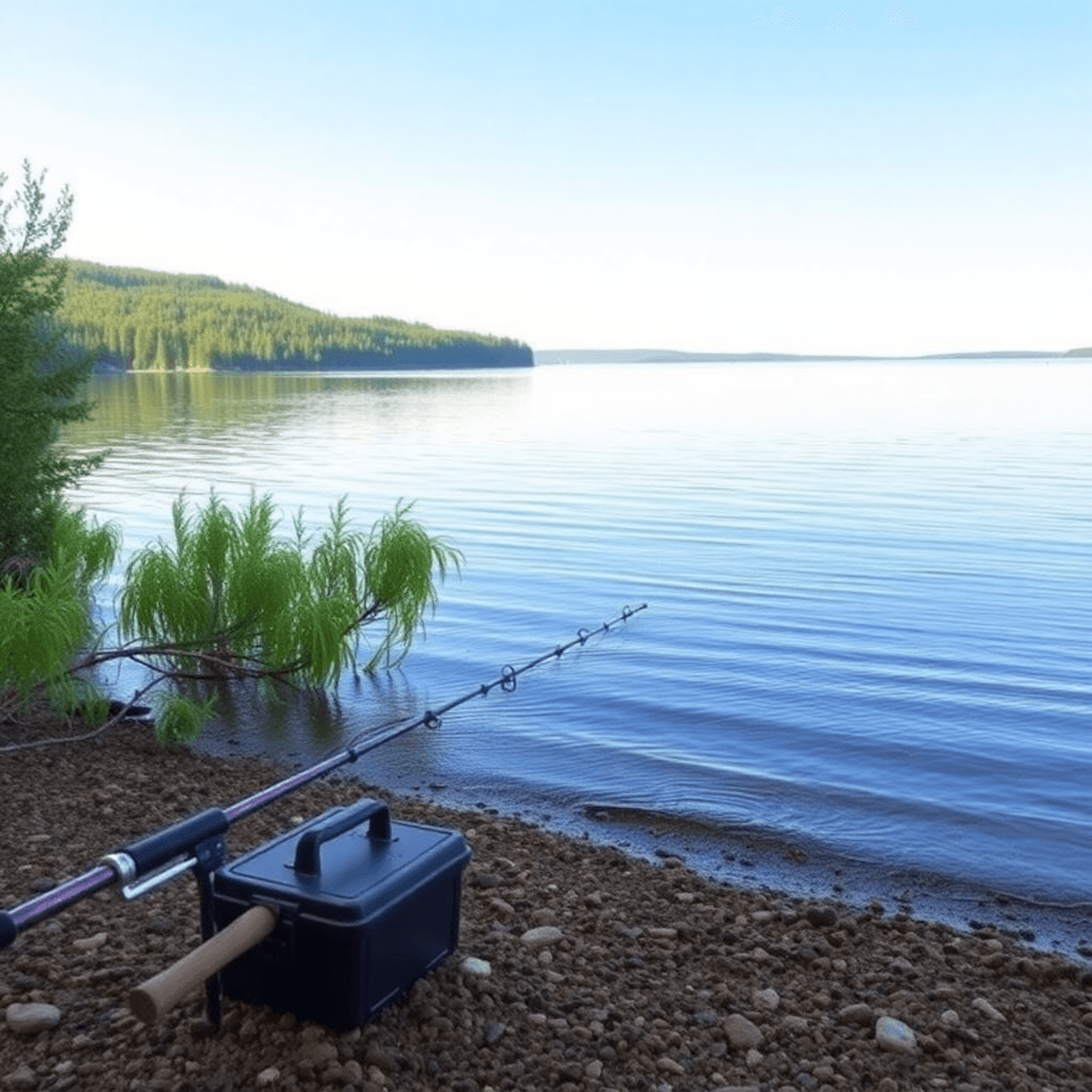 Fishing Destinations.  A tranquil Lake Dauphin scene with calm waters and lush greenery, featuring a fishing rod and tackle box on the shore, embodying the joy of fishing.