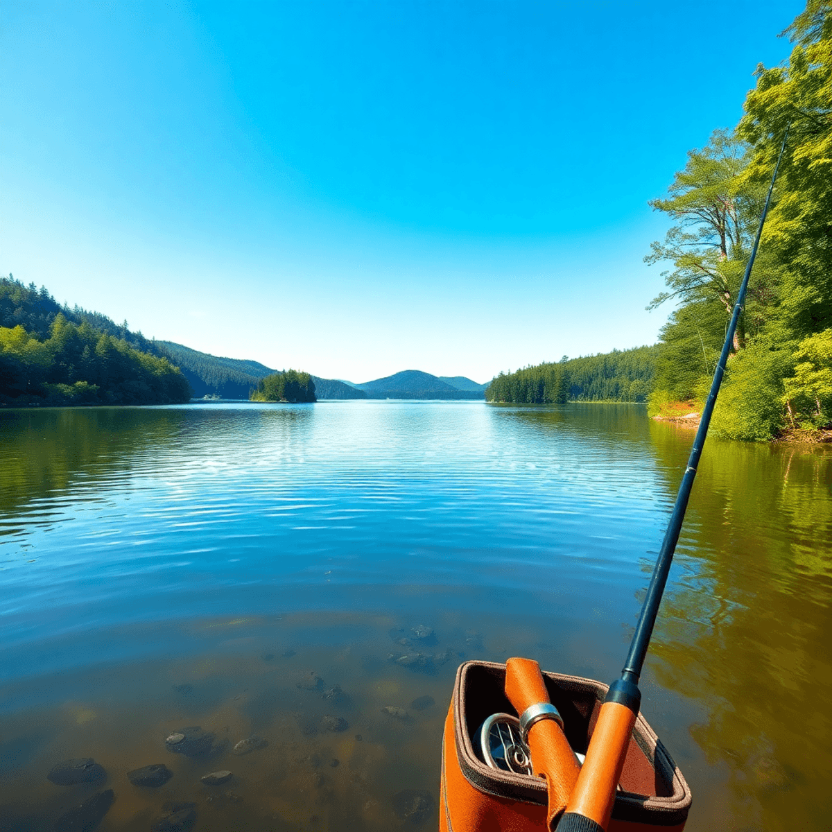 Fishing Destinations.  A tranquil lake surrounded by lush forests and small islands under a clear blue sky, with gear like a rod and tackle box in the foreground.