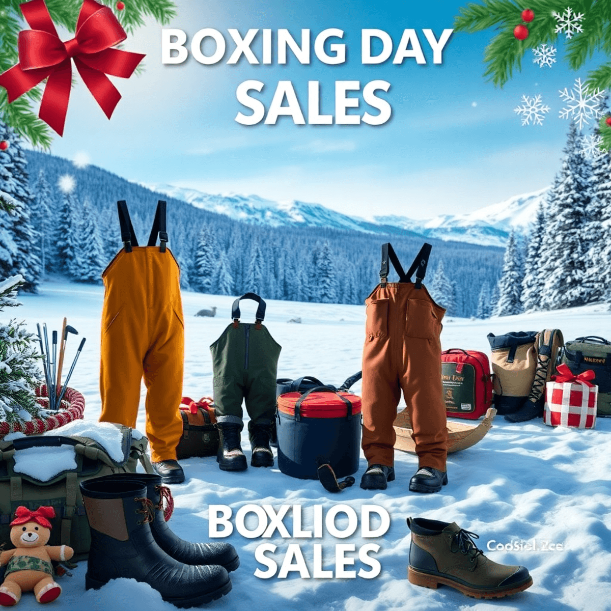 A colorful outdoor display of high-quality waders and gear surrounded by a snowy landscape, with snowflakes and holiday decorations enhancing the Boxing Day sales vibe.