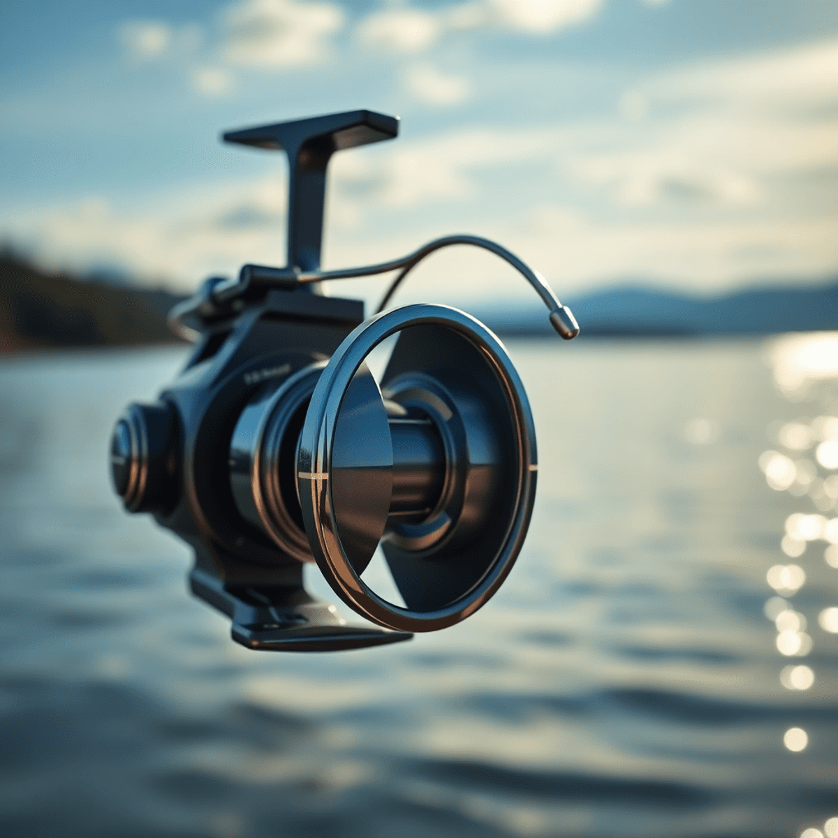 A close-up of a sleek modern fishing reel with an X-Mag™ alloy frame, set against a tranquil Canadian lake, showcasing its advanced design and technology.